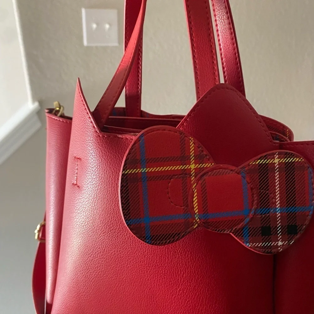 Sanrio Hello Kitty Red tote bag tartan check ribbon PU leather (rare)